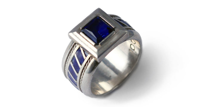blue enamel gold or silver misti ring with Aquamarine stone
