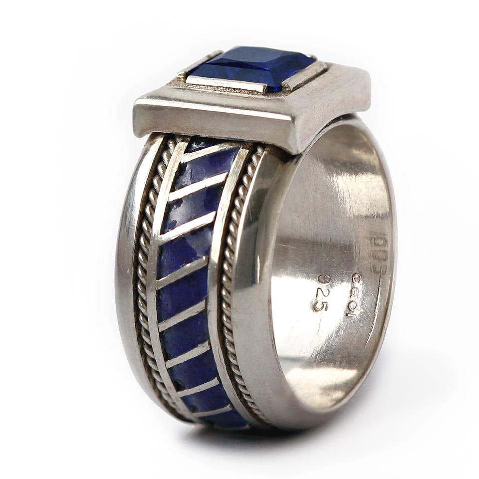 blue enamel gold or silver misti ring with Aquamarine stone