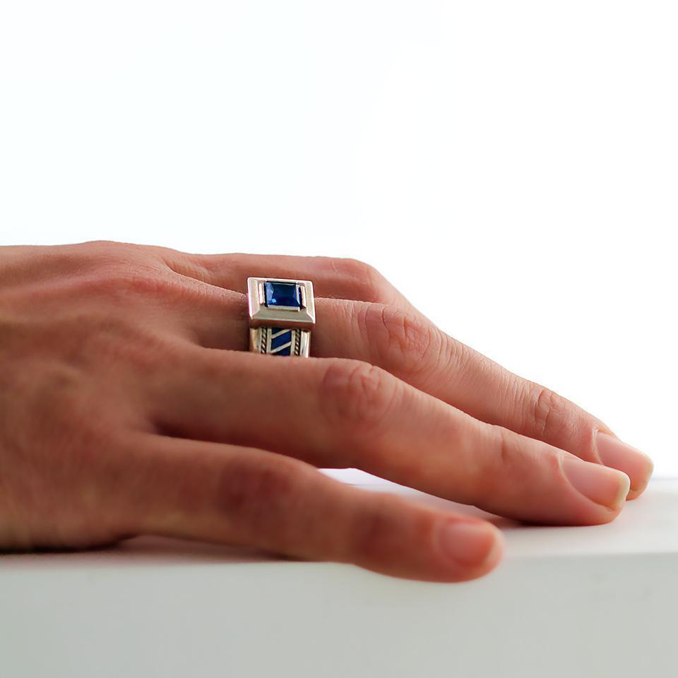 blue enamel gold or silver misti ring with Aquamarine stone