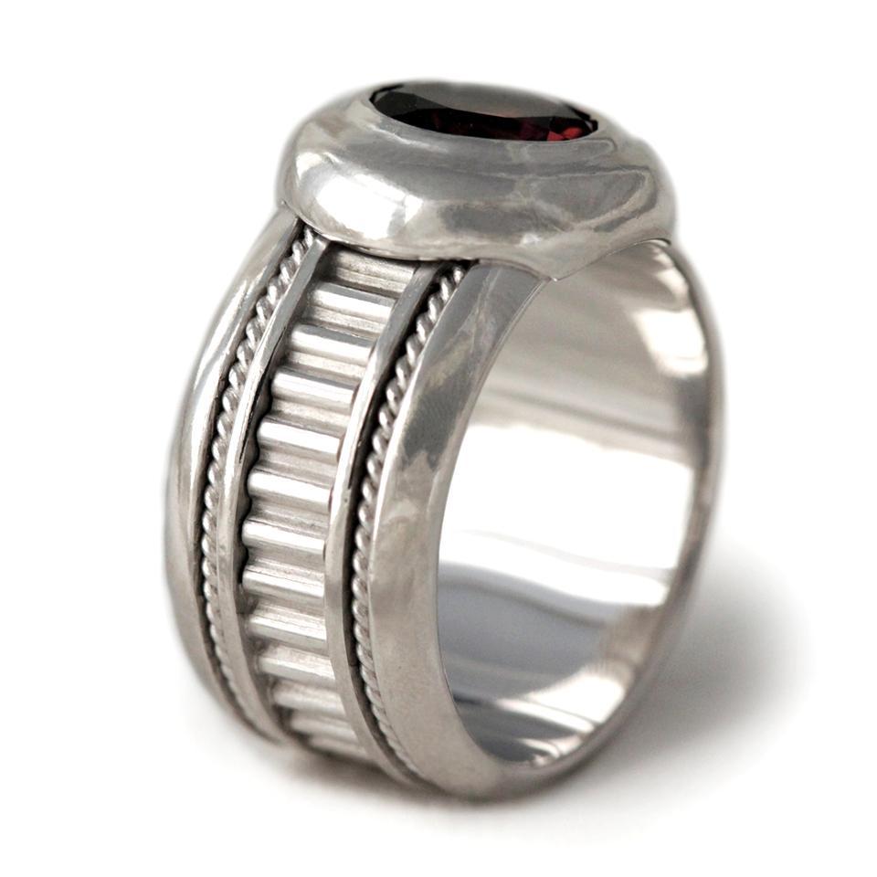 Red garnet in silver misti wedding band