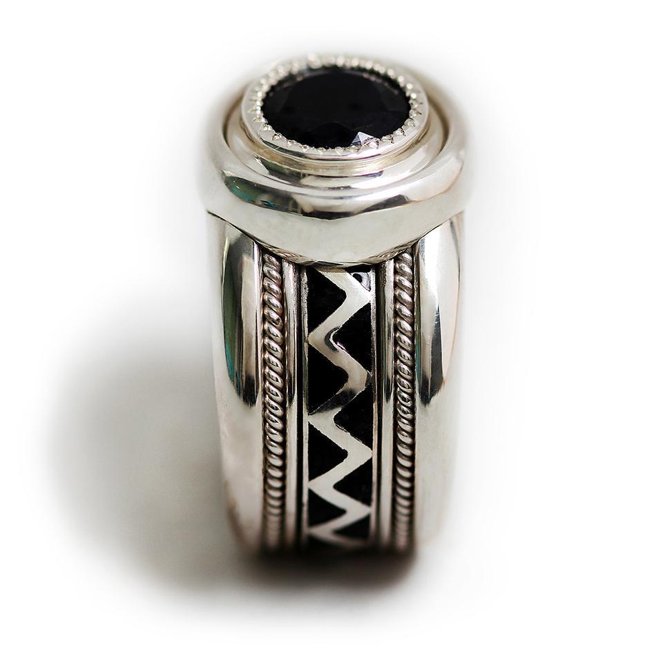 wide misti wedding band with black stone for men