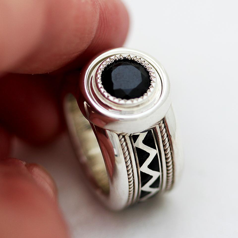 wide misti wedding band with black stone for men