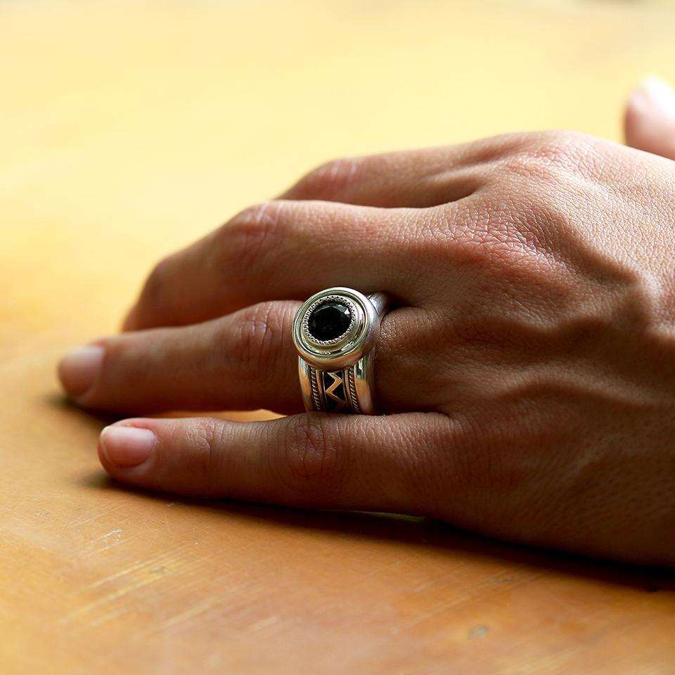 wide misti wedding band with black stone for men