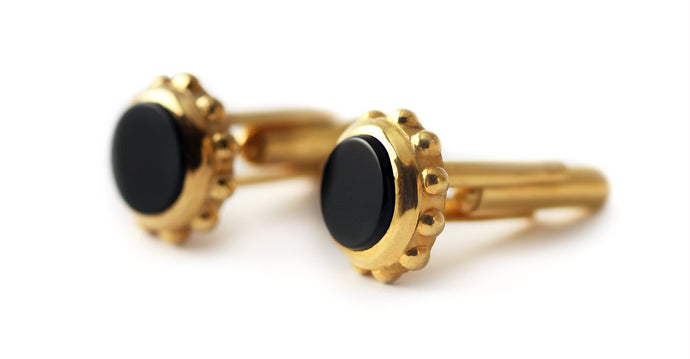 Royal style cufflinks with gold balls and black Onyx gemstone