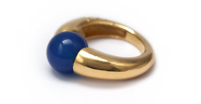 handmade gold ring with Blue round stone, a unique statement ring that is out of the ordinary  