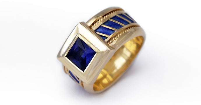 yellow gold blue Sapphire royal ring for his or her