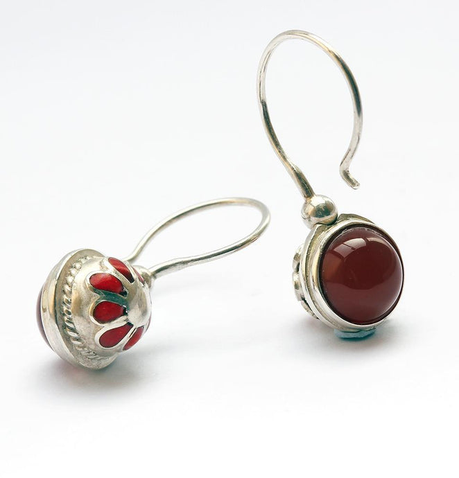 Vintage looking earrings with red Cornelian stone ball in custom silver jewelry