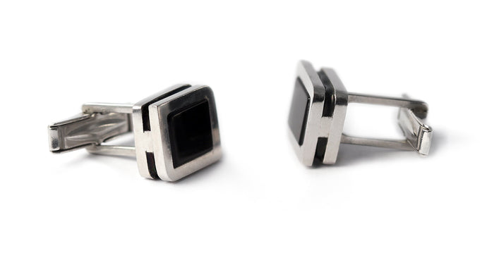 Square geometric design cufflinks with black gemstone 