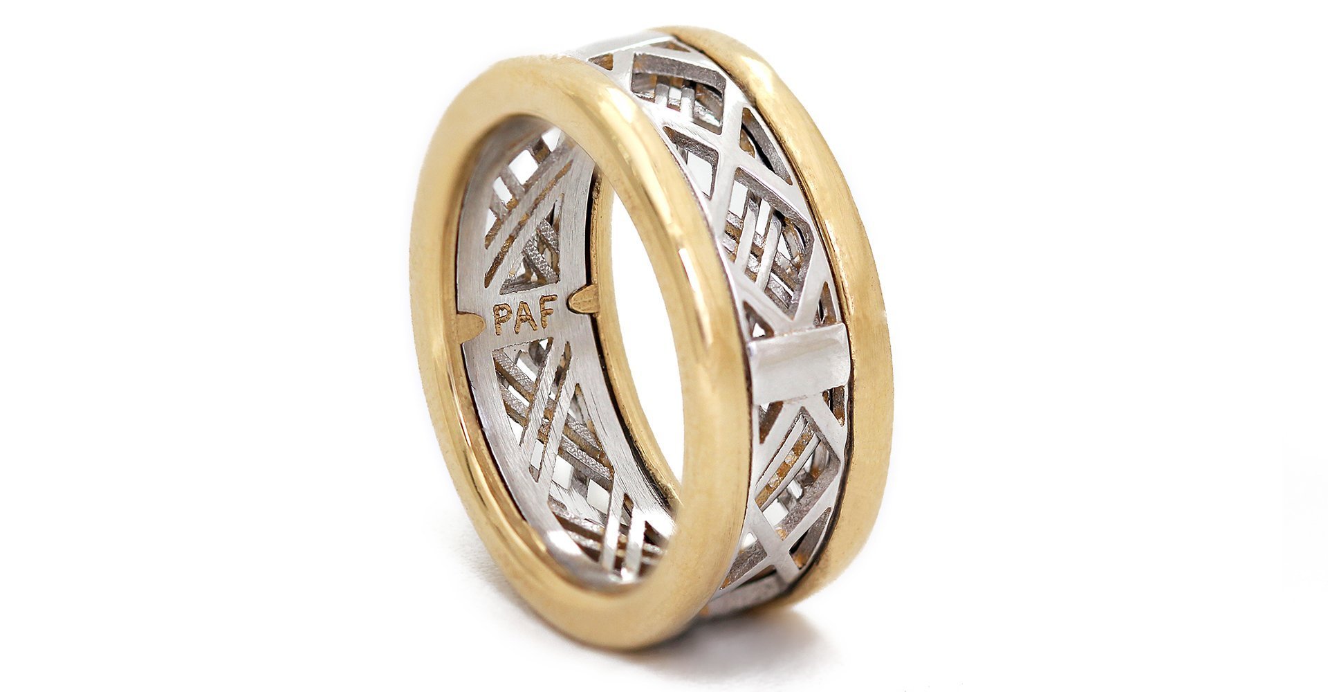 Yellow gold ring for his and her with white gold mesh