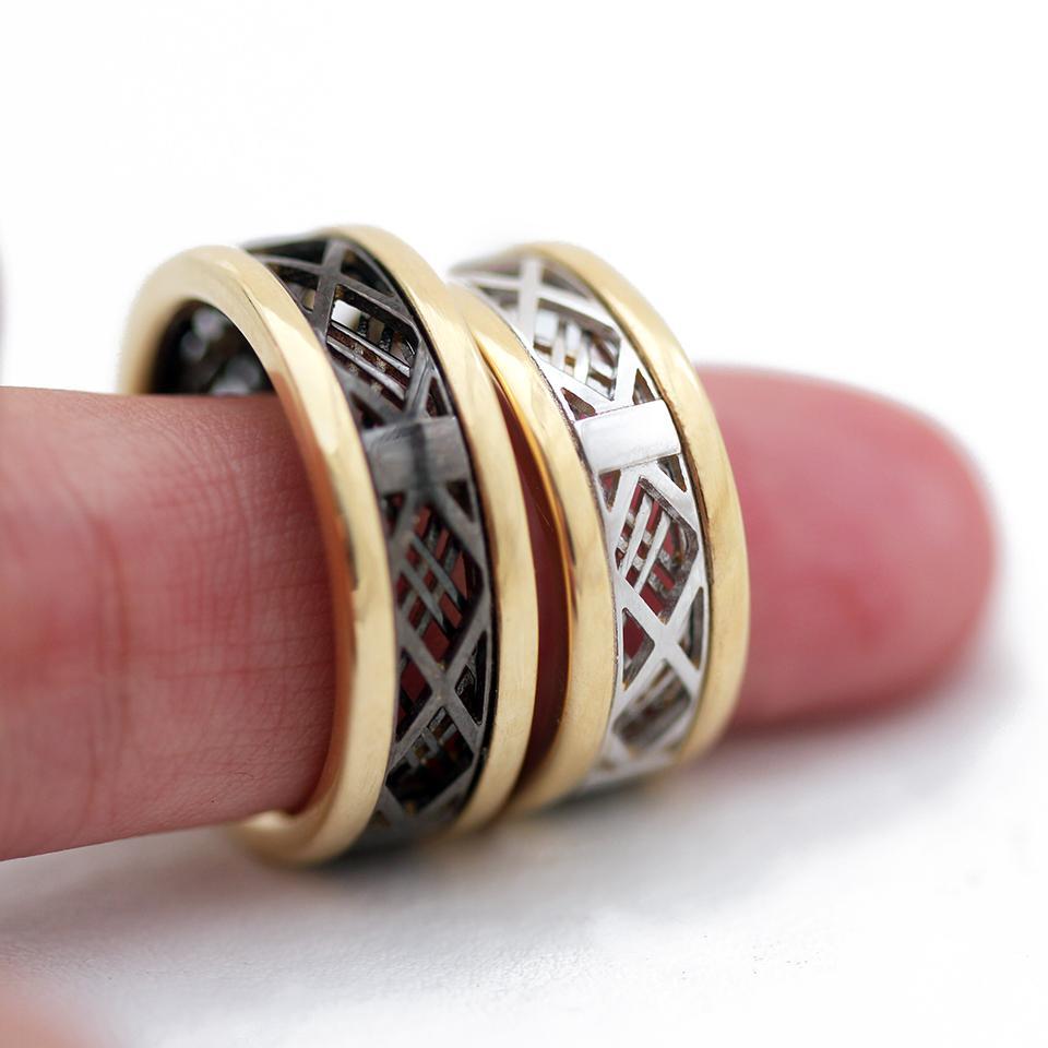 Yellow gold ring for his and her with white gold mesh