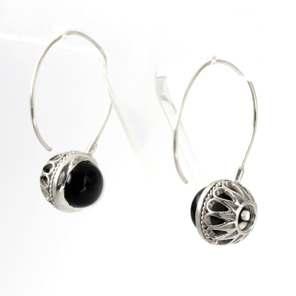 Black Onyx Filigree Hoop Earrings