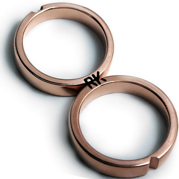 Cadi custom initial heart ring set with two matching bands joined to reveal initials and a heart
