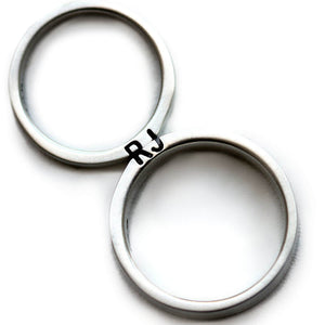 Cadi personalized matching ring set with engraved initials across bands of different widths