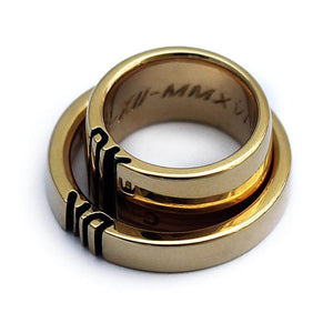 Wide and narrow matching bands shown together, highlighting their different proportions