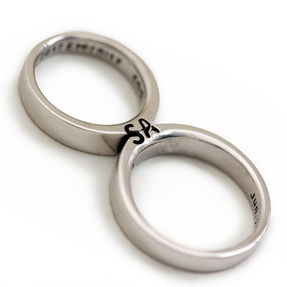 Cadi custom matching rings with sapphire, emerald, and ruby initials across the bands