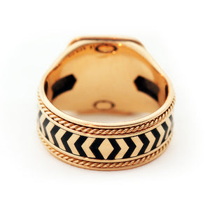 Yellow gold statement ring with black hot enamel chevron inlay pattern, rope filigree engraving and vintage textured handcrafted band