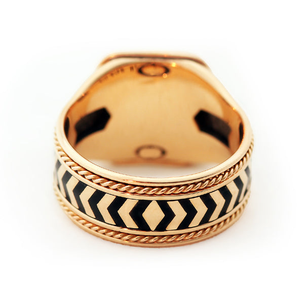 Yellow gold statement ring with black hot enamel chevron inlay pattern, rope filigree engraving and vintage textured handcrafted band