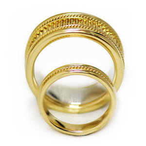 Classic matching yellow gold wedding bands with rope filigree engraving, fluted texture center and polished comfort fit interior