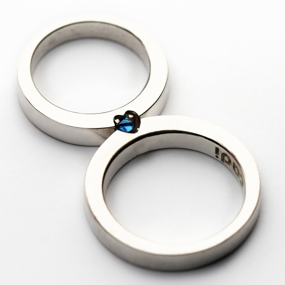 Hidden heart wedding rings moonstone and sapphire forming symbol when united, handmade white gold matching bands Barcelona artisan jewelry