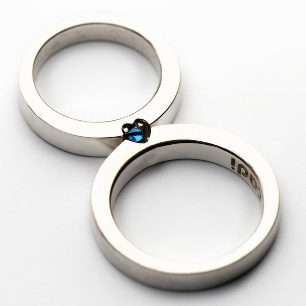 Hidden heart wedding rings moonstone and sapphire forming symbol when united, handmade white gold matching bands Barcelona artisan jewelry