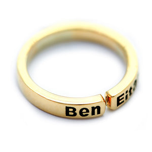 Custom engraved mother ring with children’s names in blackened lettering, handcrafted 18K solid gold adjustable open band