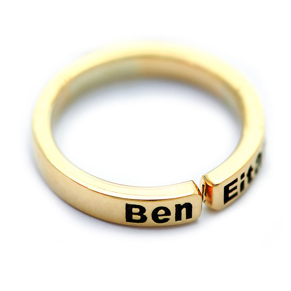 Custom engraved mother ring with children’s names in blackened lettering, handcrafted 18K solid gold adjustable open band