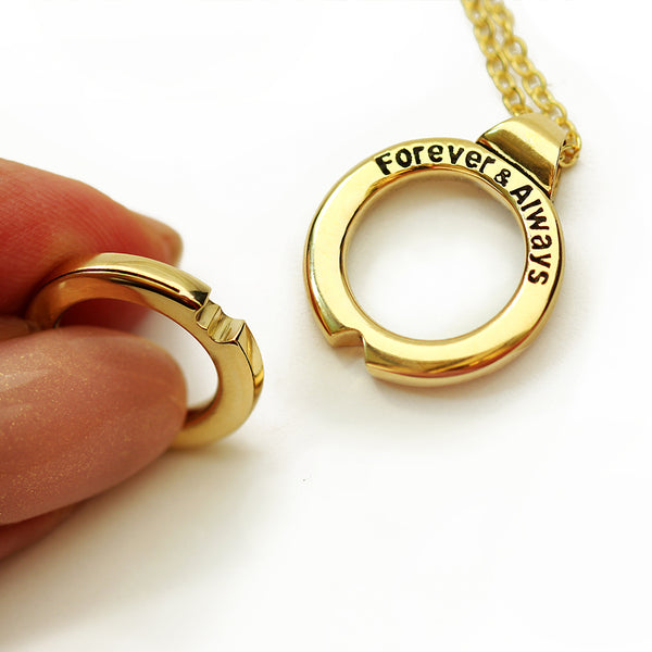 Personalized interlocking circle pendant necklace in yellow gold engraved with “Forever & Always”, removable pendants designed to connect into a heart shape or be worn separately