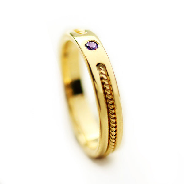 Delicate 18k gold filigree wedding band with rope texture design, slim bridal band suitable for stacking or pairing with engagement ring