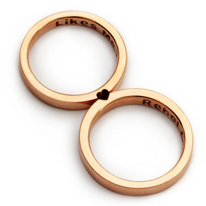 Rose gold hidden heart matching rings with inner engraving, interlocking couple wedding bands with concealed heart design.
