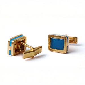 Blue Agate Gold Cufflinks with Enamel
