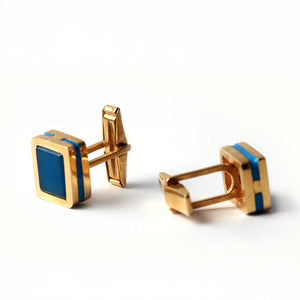 Blue Agate Gold Cufflinks with Enamel