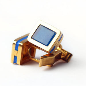 Blue Agate Gold Cufflinks with Enamel
