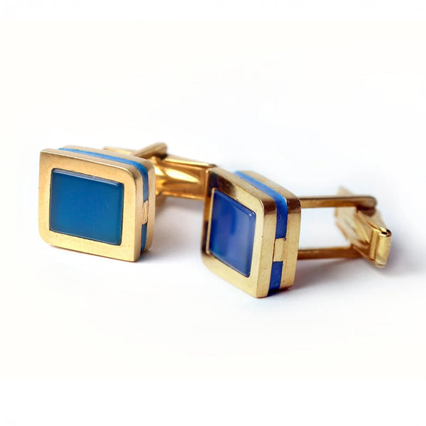 Blue Agate Gold Cufflinks with Enamel