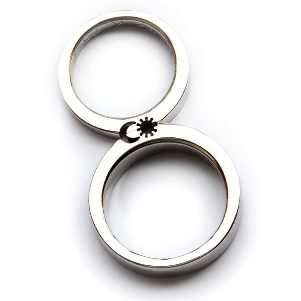 Cadi sun and moon ring set with wide and narrow bands aligned to complete the celestial design