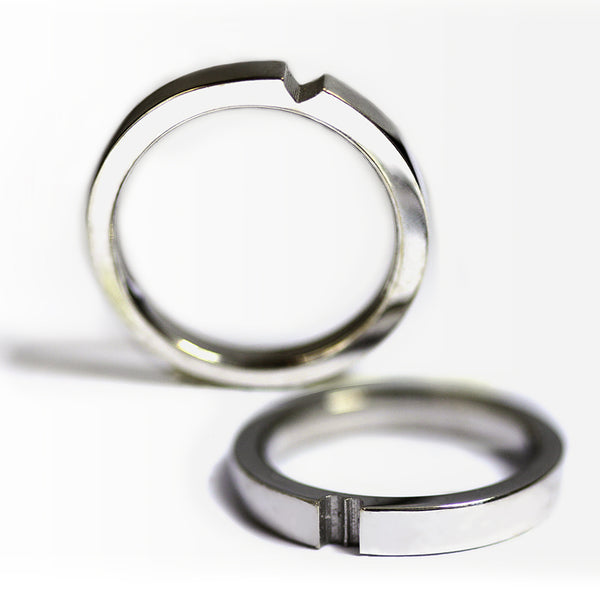 White gold hidden heart couple rings forming heart when stacked, minimalist matching wedding bands