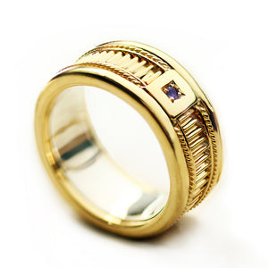Handcrafted wide men’s sapphire wedding band in solid 18K gold statement ring