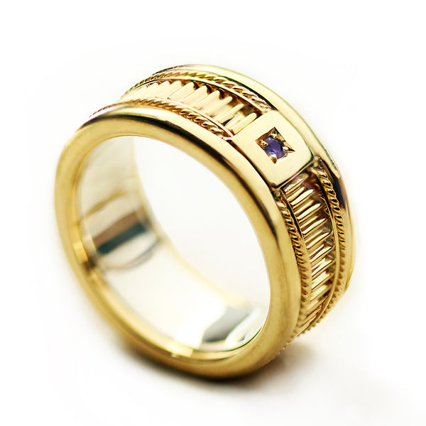 Handcrafted wide men’s sapphire wedding band in solid 18K gold statement ring