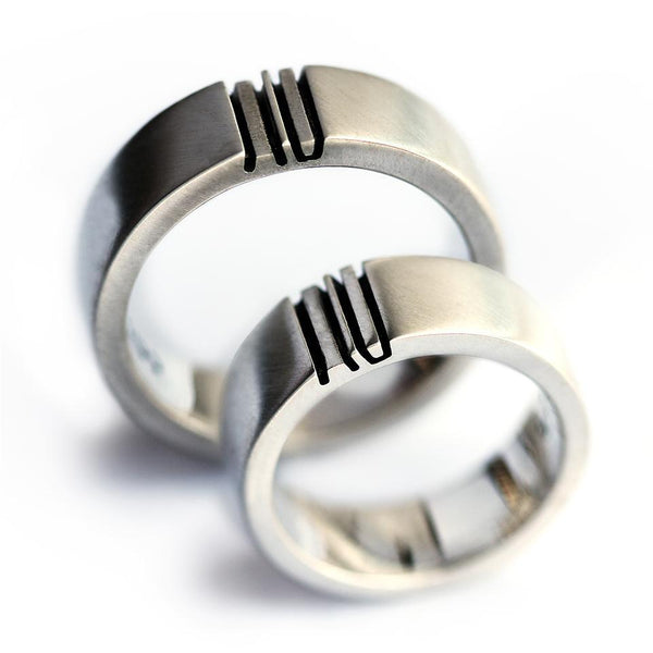 Detail of the engraved symbols aligned across the matching couple rings