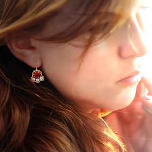 18K Gold Red Topaz Pearl Earrings