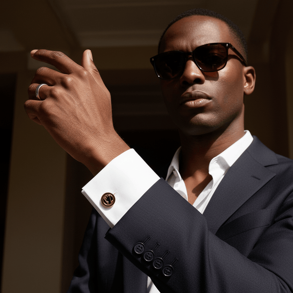A stylish man in a dark suit and sunglasses adjusts his Gold Monogram Cufflinks Personalized Initials, revealing a crisp white shirt cuff and refined details for a sophisticated, polished look in the sunlight.