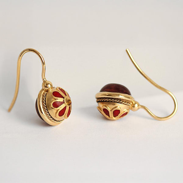 Carnelian Gold Enamel Ball Earrings