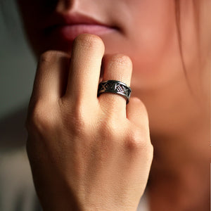 Cadi mens black wedding band with textured rhodium finish
