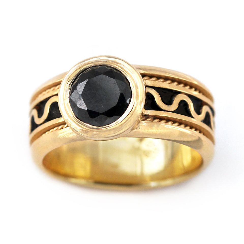 yellow gold Misti black stone engagement ring with Spinel gemstone