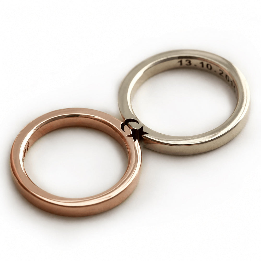 Cadi two-tone moon and star ring set with white diamonds and split celestial 
