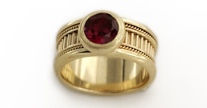 yellow-gold with Garnet gemstone red sparkle misti wedding band for men