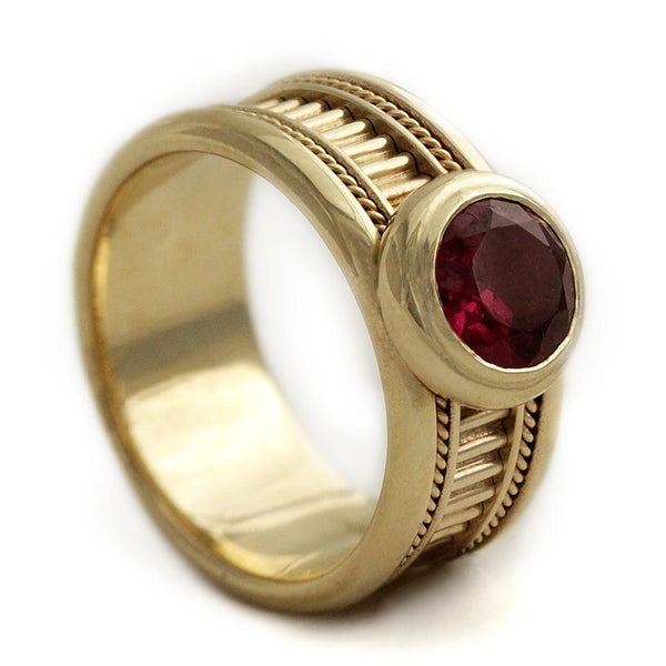 yellow-gold with Garnet gemstone red sparkle misti wedding band for men