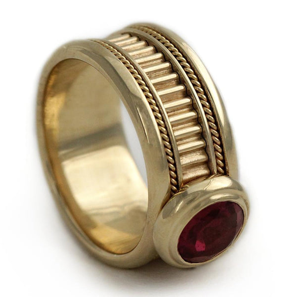 yellow-gold with Garnet gemstone red sparkle misti wedding band for men