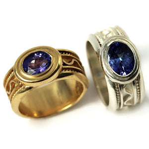  silver or gold misti ring with blue Tanzanite gemstone