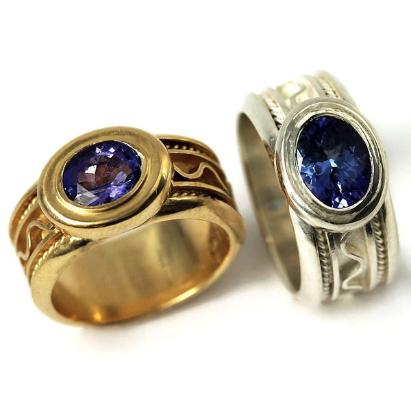  silver or gold misti ring with blue Tanzanite gemstone