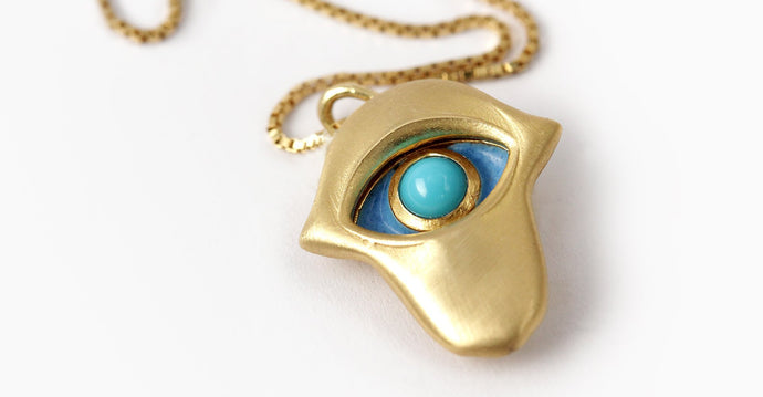 Hamsa hand protective eye pendent with Arizona Turquoise stone,  jewish gold pendant jewelry